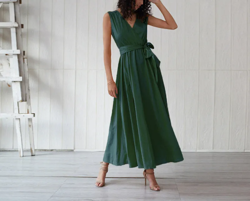 Bohemian Net Color V-neck Sleeveless High Slit Dress