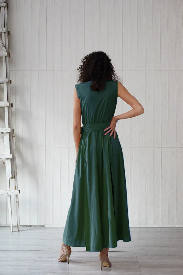 Bohemian Net Color V-neck Sleeveless High Slit Dress
