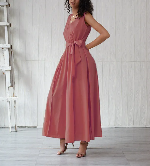 Bohemian Net Color V-neck Sleeveless High Slit Dress