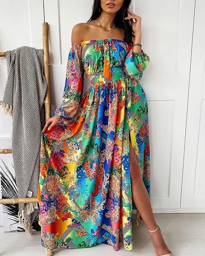 Bohemian Summer Evening Dress, Swing Split Dress, Beach Cover up