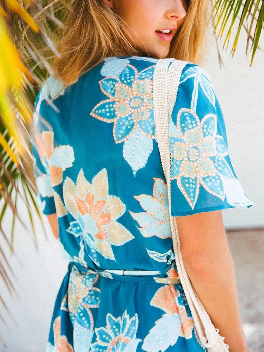 Bohemian V-neck Tie Print Irregular Mini Dress