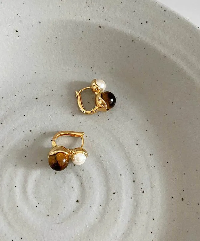 Boho Gold Copper Alloy Cat Eye Stone Pearl Hoop Earrings