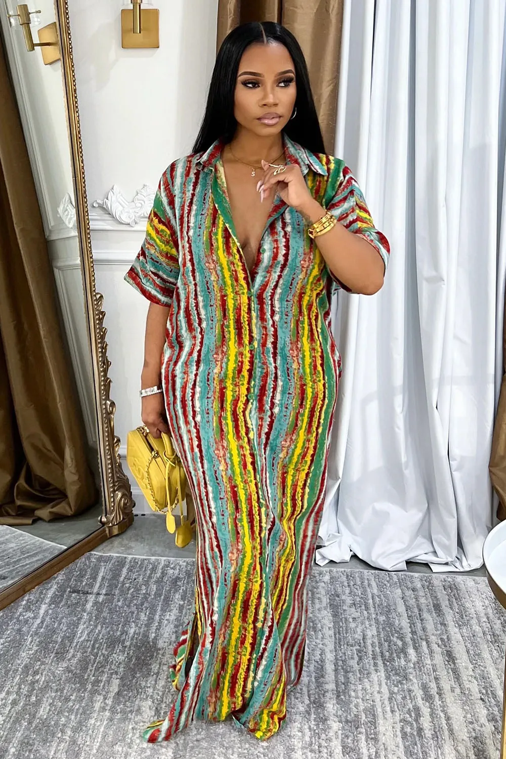 Boho Print Loose-Fit Vacation Maxi Shirt Dresses-Multicolor [Pre Order]