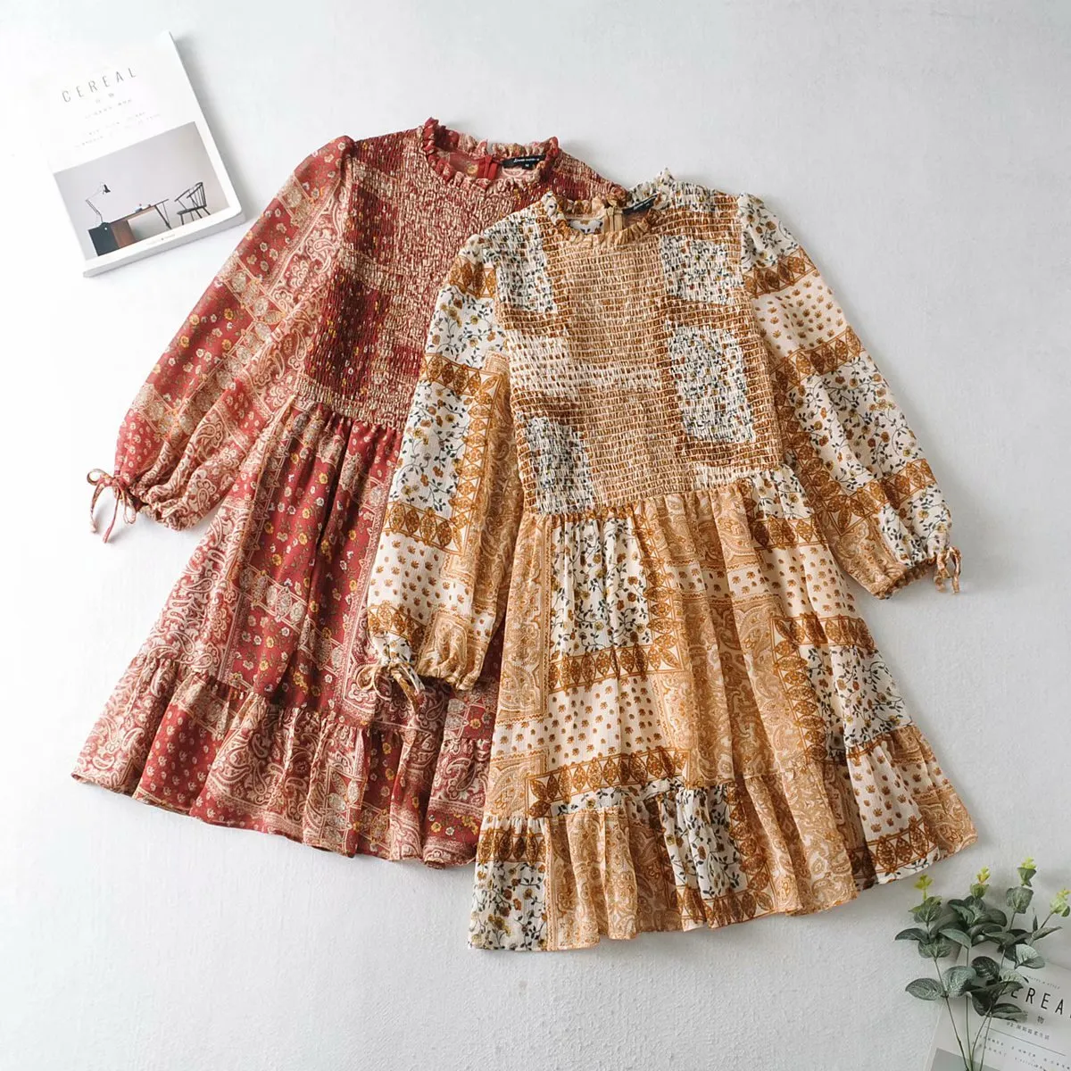 Boho Shirred Frill Floral Vacation Skater Mini Dresses