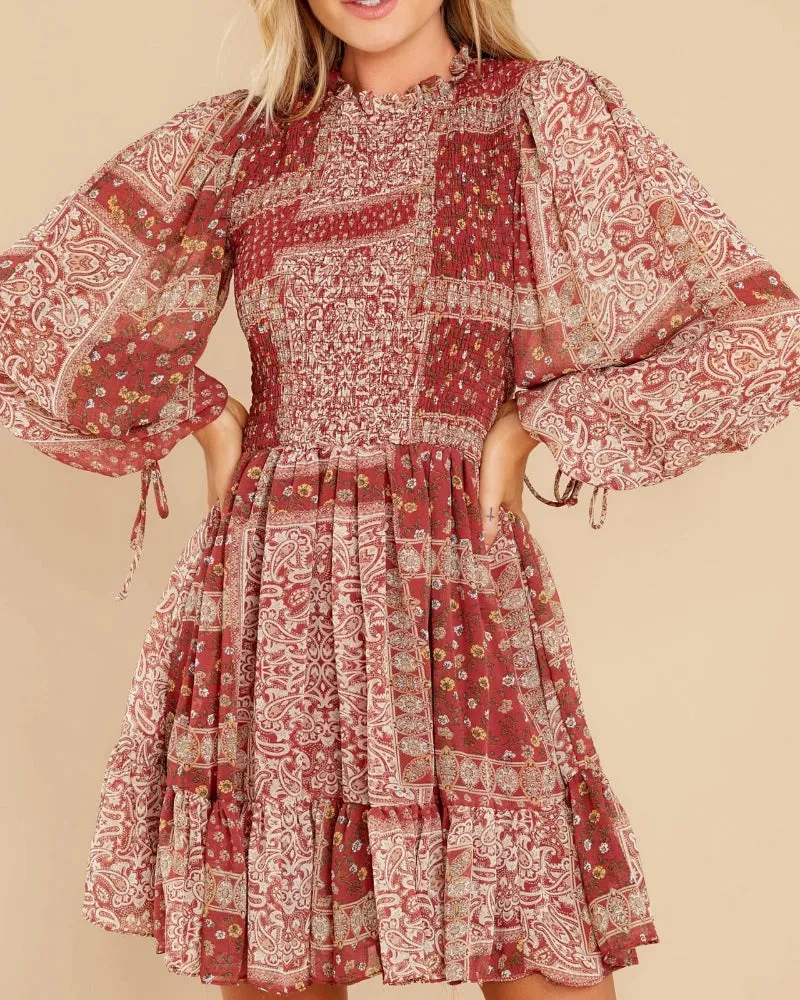 Boho Shirred Frill Floral Vacation Skater Mini Dresses