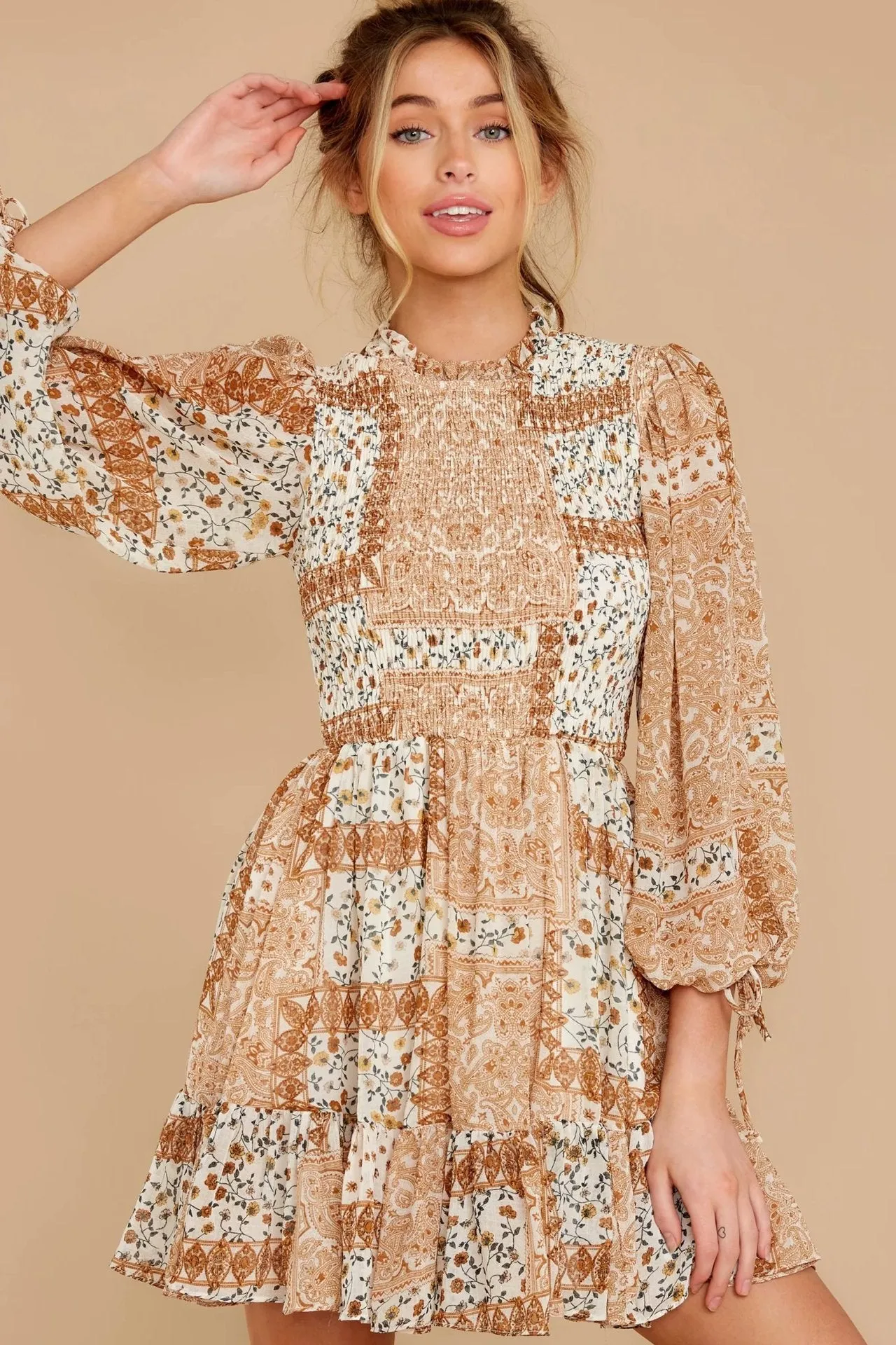 Boho Shirred Frill Floral Vacation Skater Mini Dresses