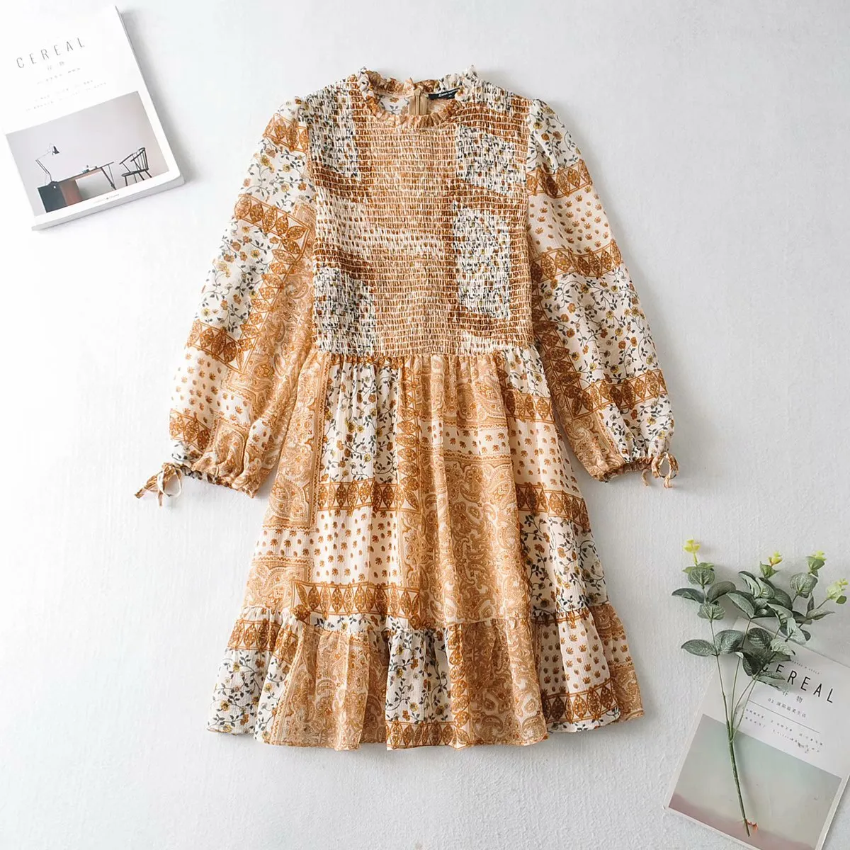 Boho Shirred Frill Floral Vacation Skater Mini Dresses