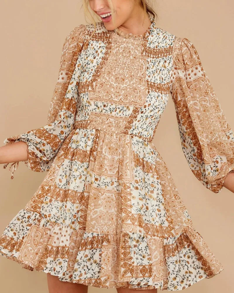 Boho Shirred Frill Floral Vacation Skater Mini Dresses