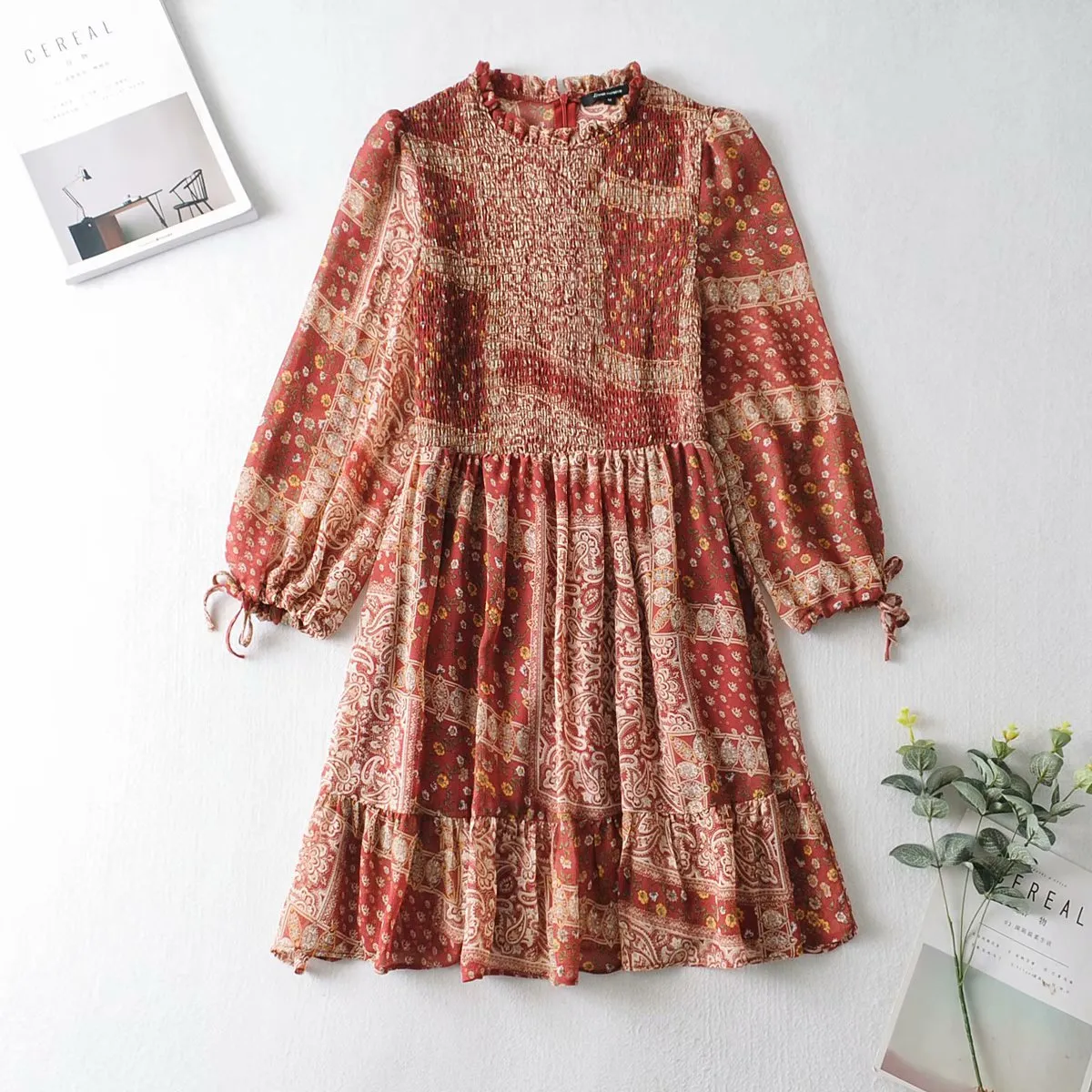Boho Shirred Frill Floral Vacation Skater Mini Dresses