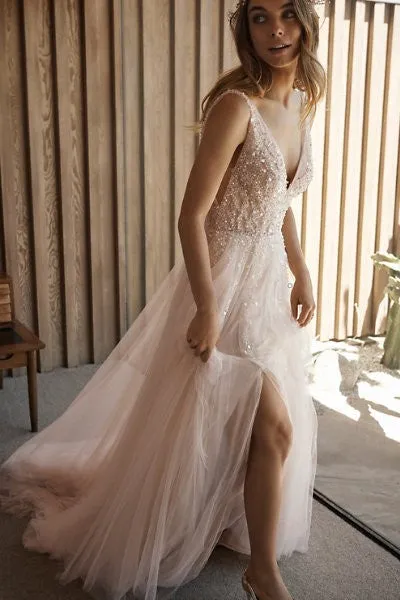 Boho Tulle Crystals Wedding Gowns with Side Slit