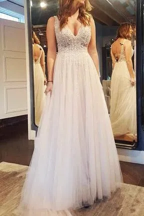 Boho Tulle Crystals Wedding Gowns with Side Slit