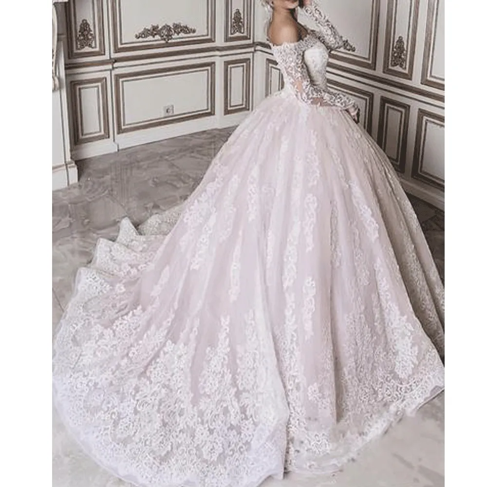 boho wedding dresses long sleeve lace appliqué elegant muslim Dubai wedding ball gown vestidos de novia princesa