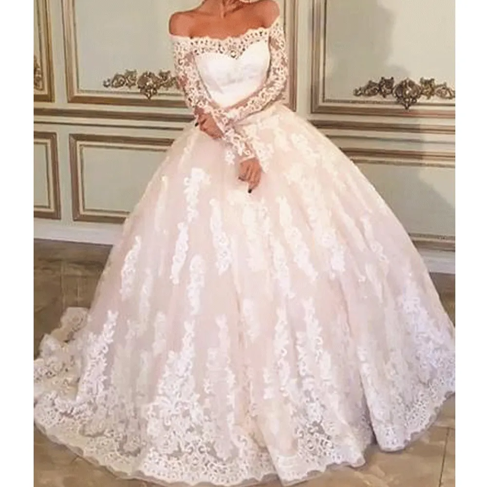 boho wedding dresses long sleeve lace appliqué elegant muslim Dubai wedding ball gown vestidos de novia princesa