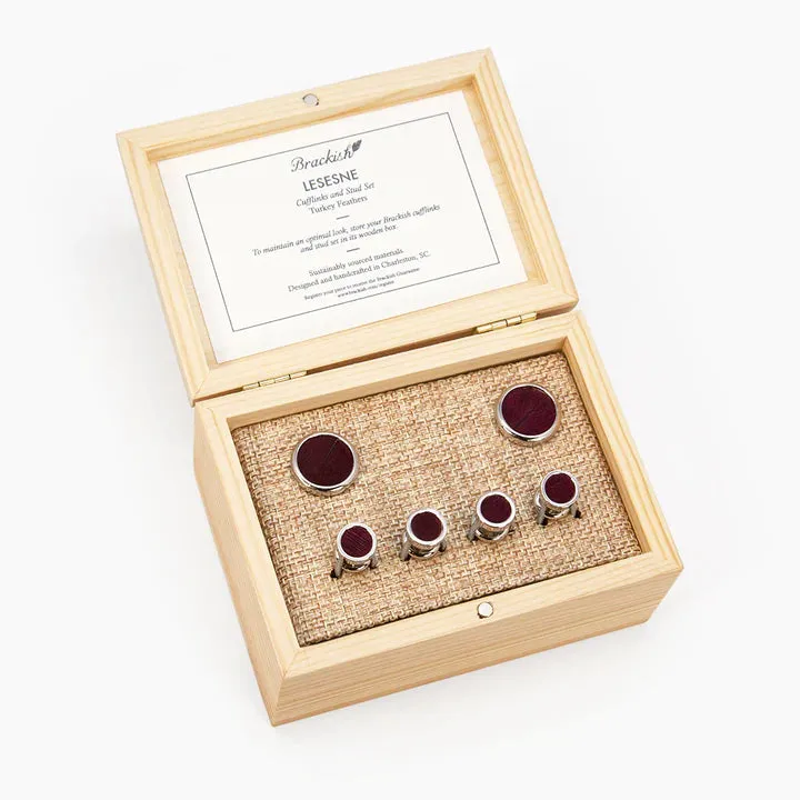 Brackish - Lesesne Cufflinks & Stud Set - Burgundy Turkey Feathers