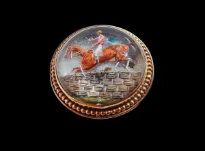 Brooch Reverse Intaglio Image Steeplechase Jockey/Mount Taking a Fence 14kt Yellow Gold