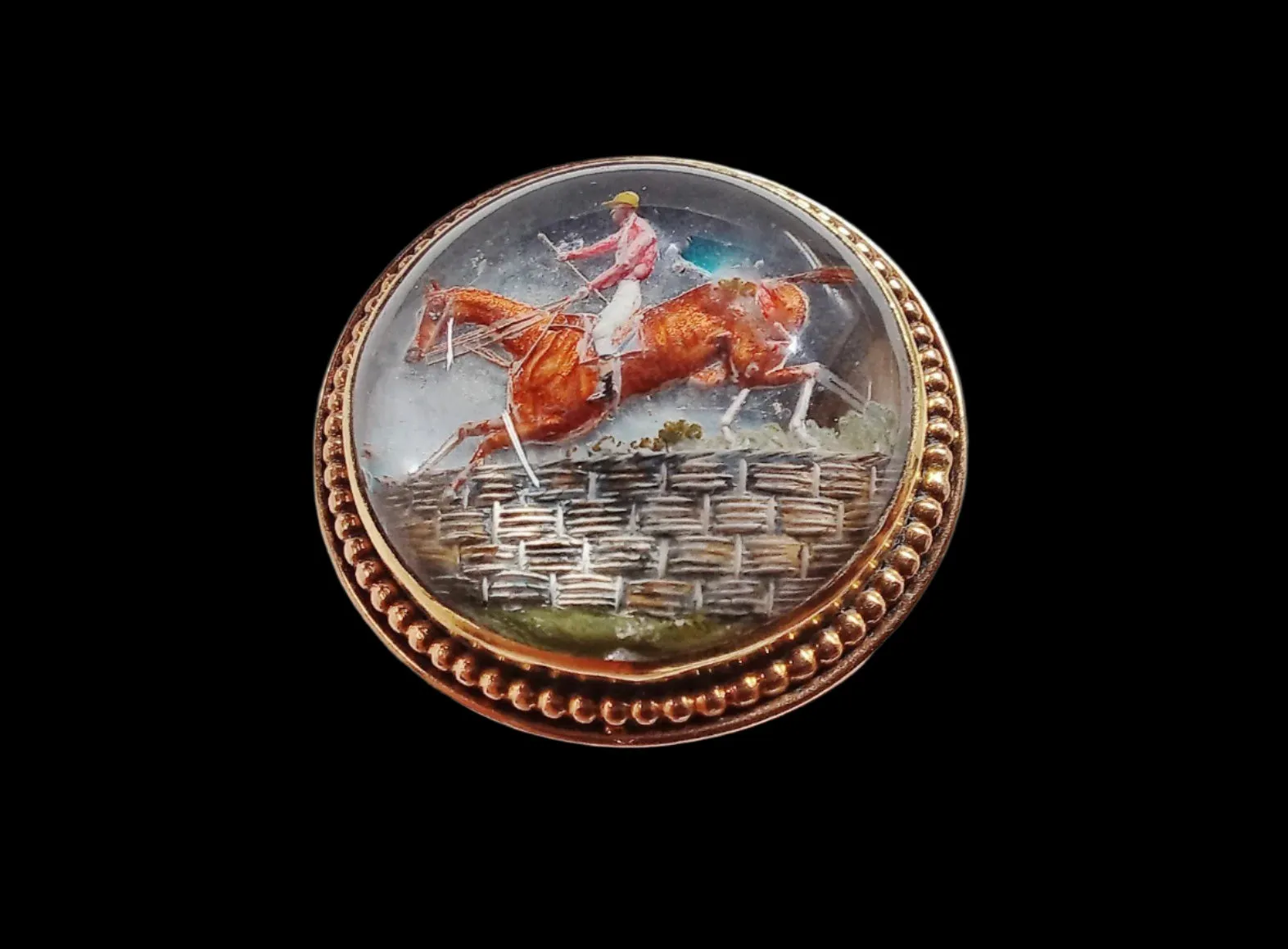 Brooch Reverse Intaglio Image Steeplechase Jockey/Mount Taking a Fence 14kt Yellow Gold