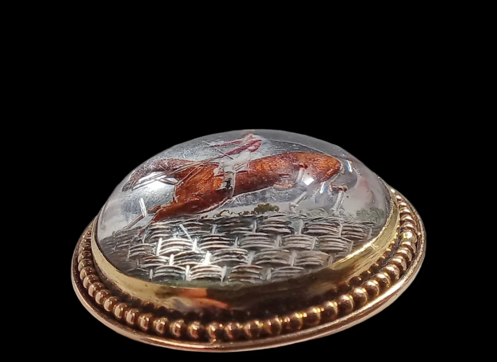 Brooch Reverse Intaglio Image Steeplechase Jockey/Mount Taking a Fence 14kt Yellow Gold
