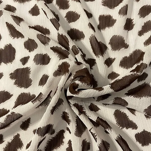 Brown and White Crinkled Print Chiffon Fabric