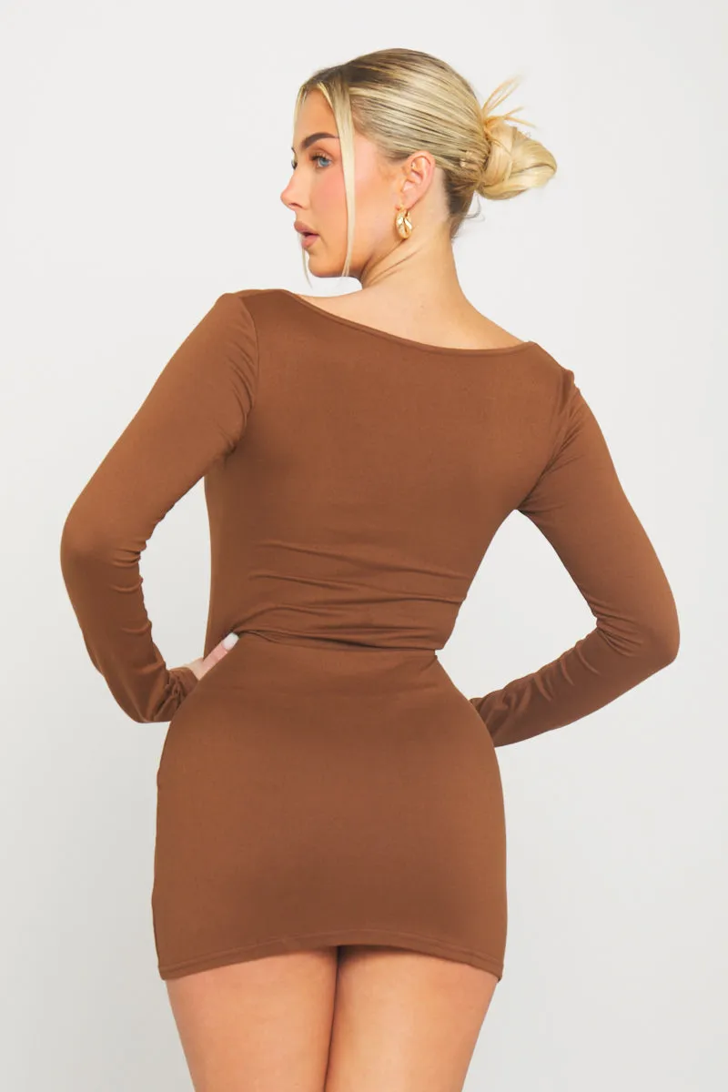 Brown Round Neck Long Sleeve Bodycon Mini Dress