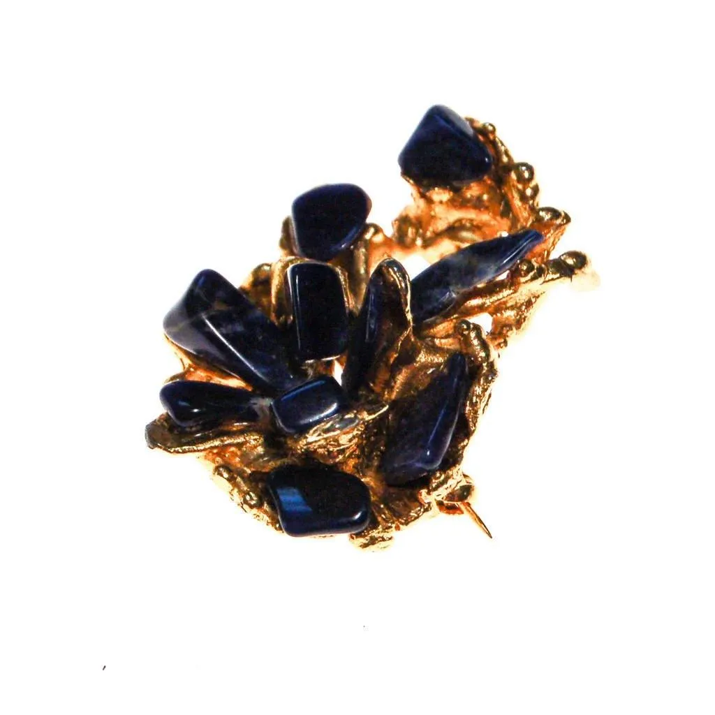 Brutalist Lapis Pendant, brooch, Gold Tone Setting