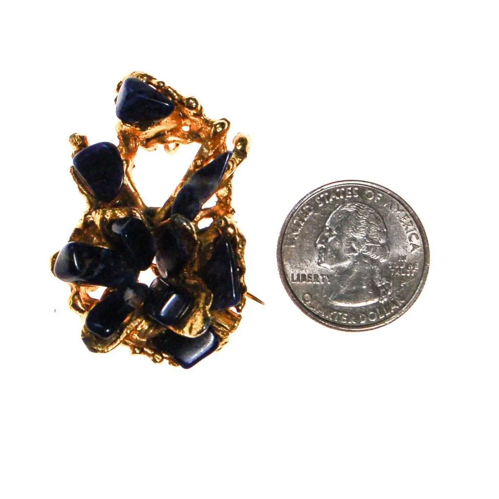 Brutalist Lapis Pendant, brooch, Gold Tone Setting