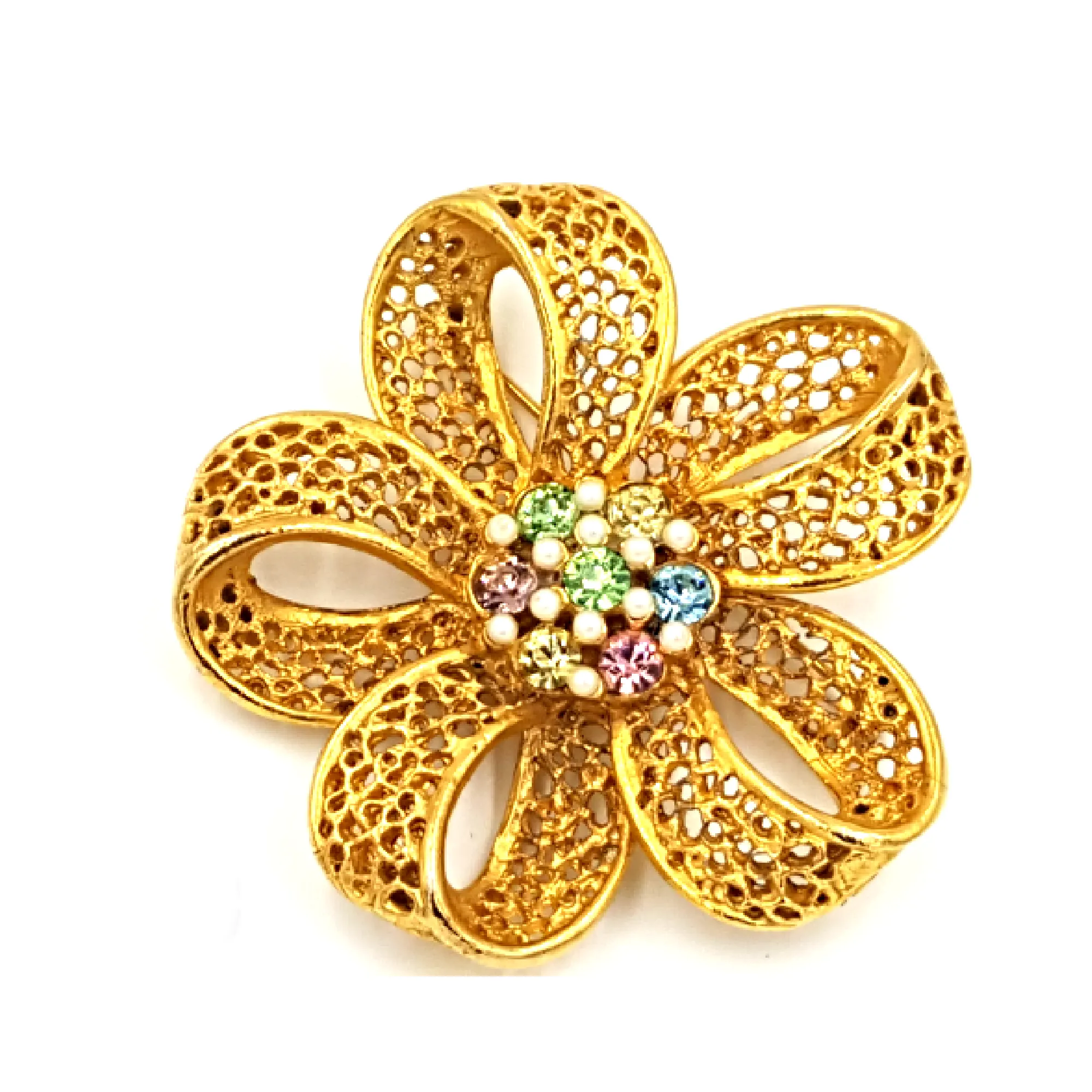 BSK Vintage Filigree Brooch with Pastel Rhinestones and Faux Pearls