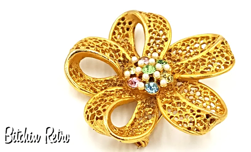 BSK Vintage Filigree Brooch with Pastel Rhinestones and Faux Pearls