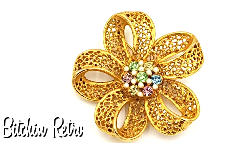 BSK Vintage Filigree Brooch with Pastel Rhinestones and Faux Pearls