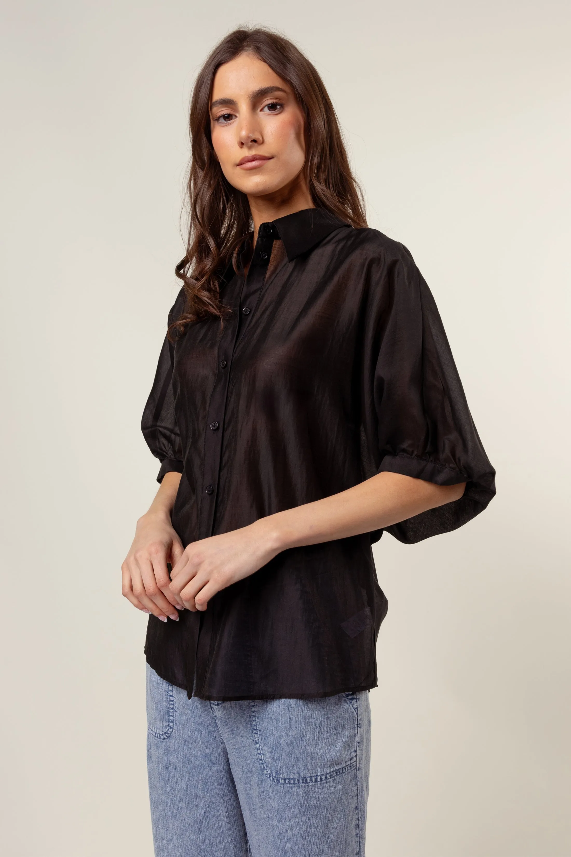 Button Down Blouse with Ruched Keyhole Detail