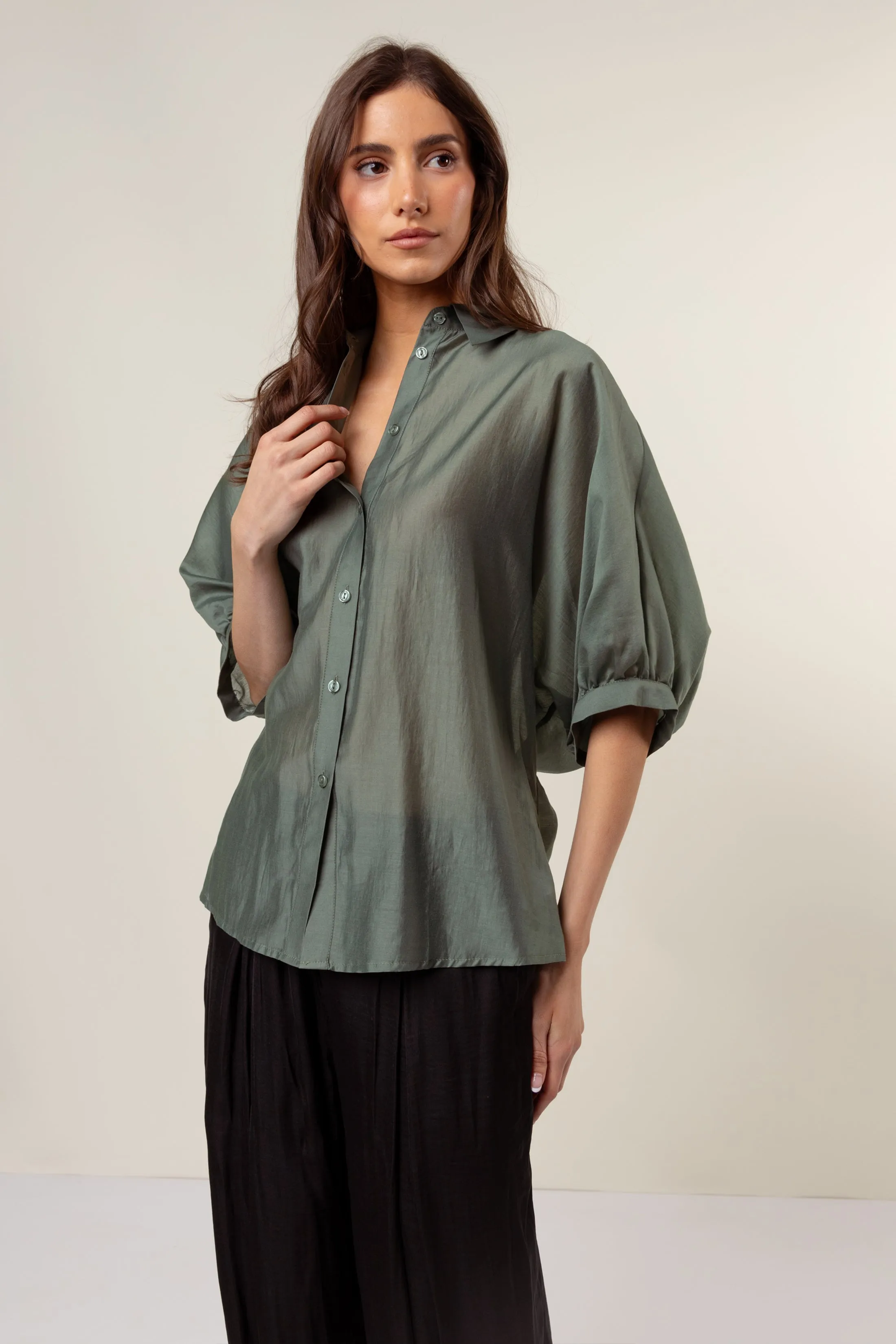 Button Down Blouse with Ruched Keyhole Detail