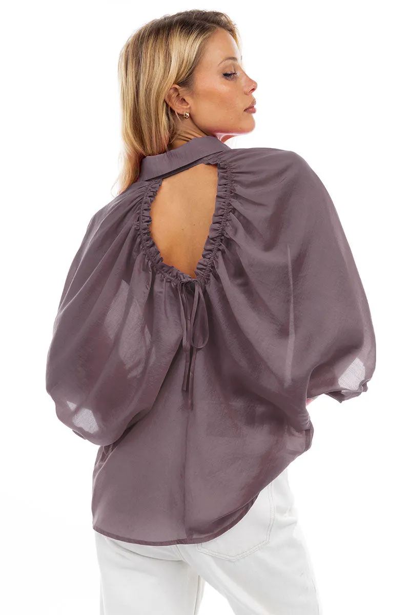 Button Down Blouse with Ruched Keyhole Detail