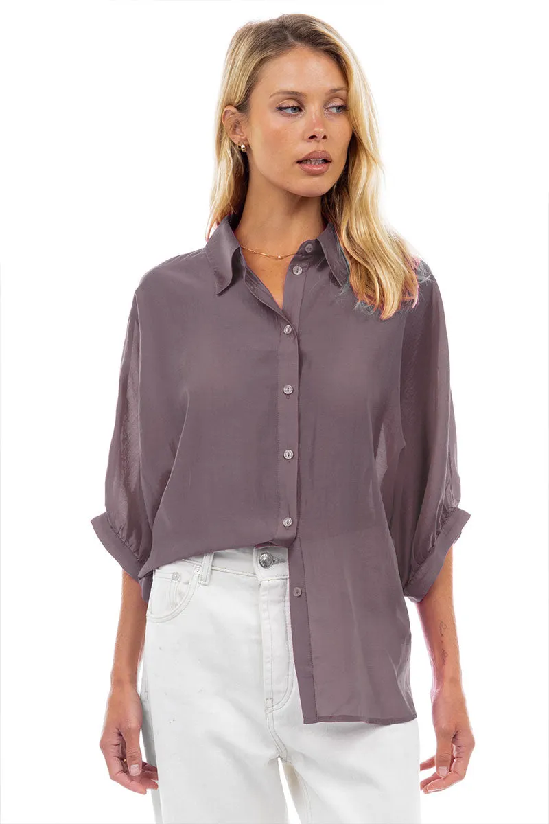 Button Down Blouse with Ruched Keyhole Detail