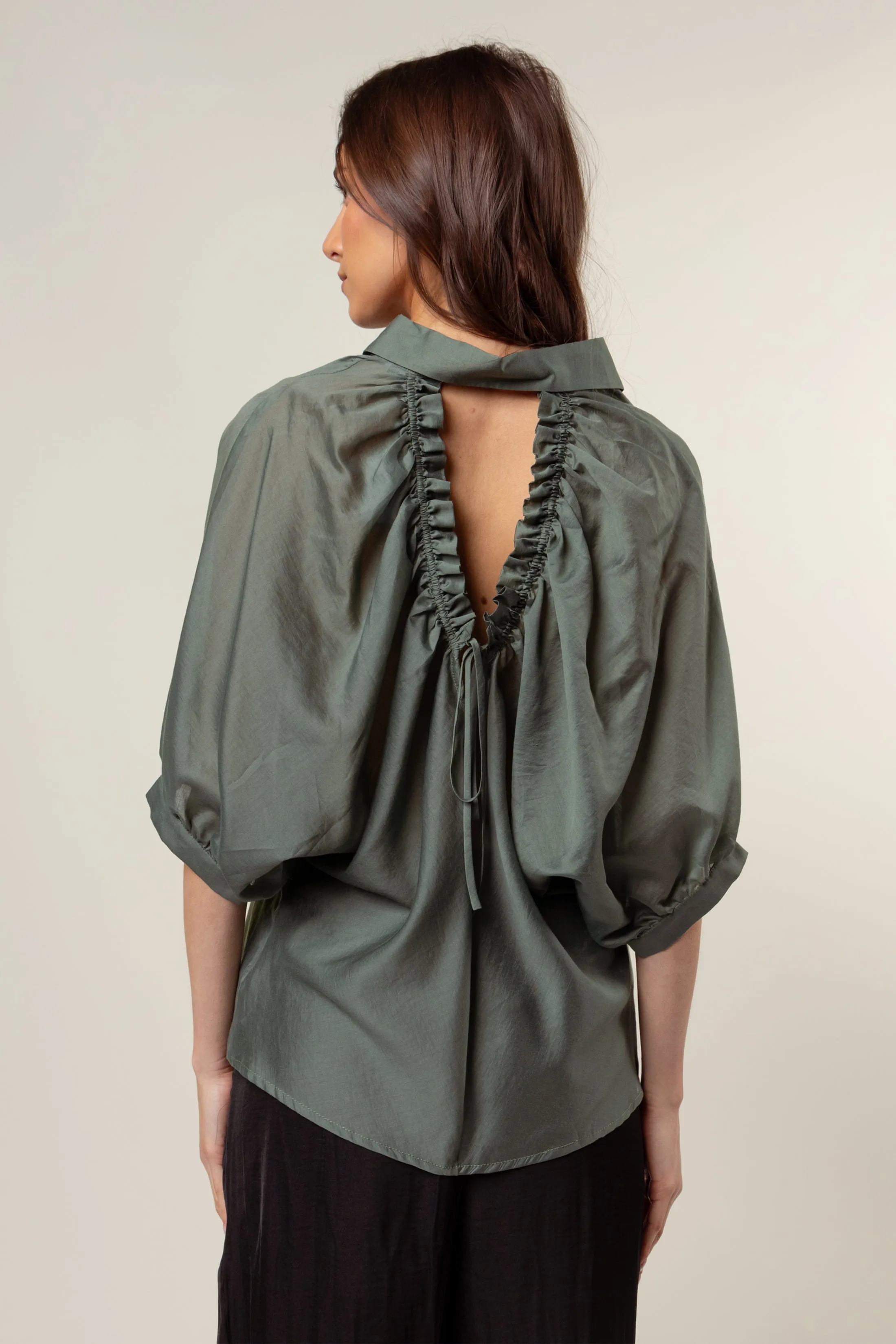 Button Down Blouse with Ruched Keyhole Detail