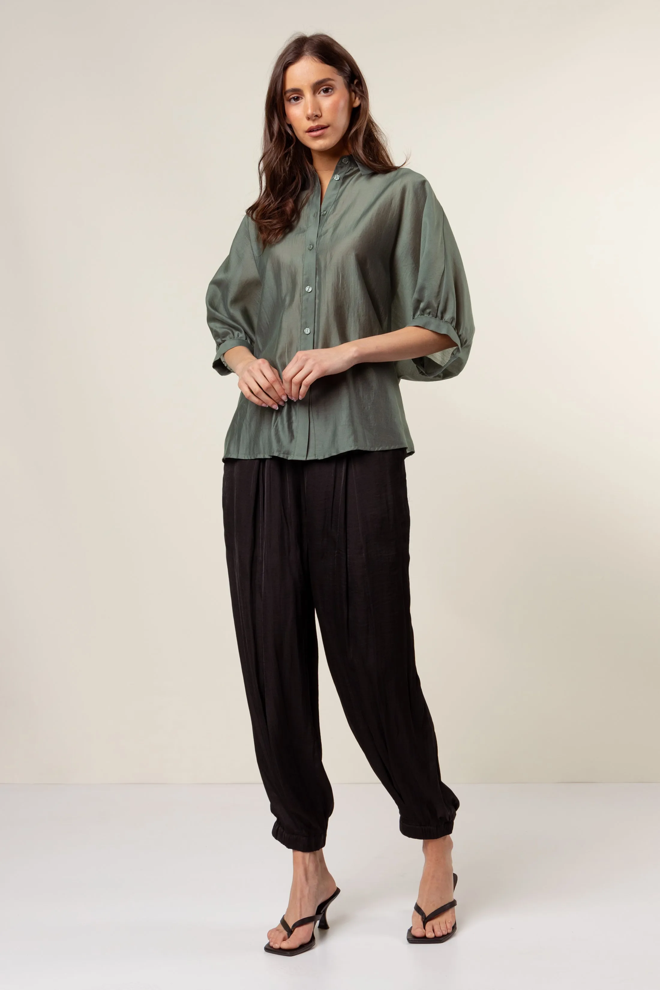 Button Down Blouse with Ruched Keyhole Detail