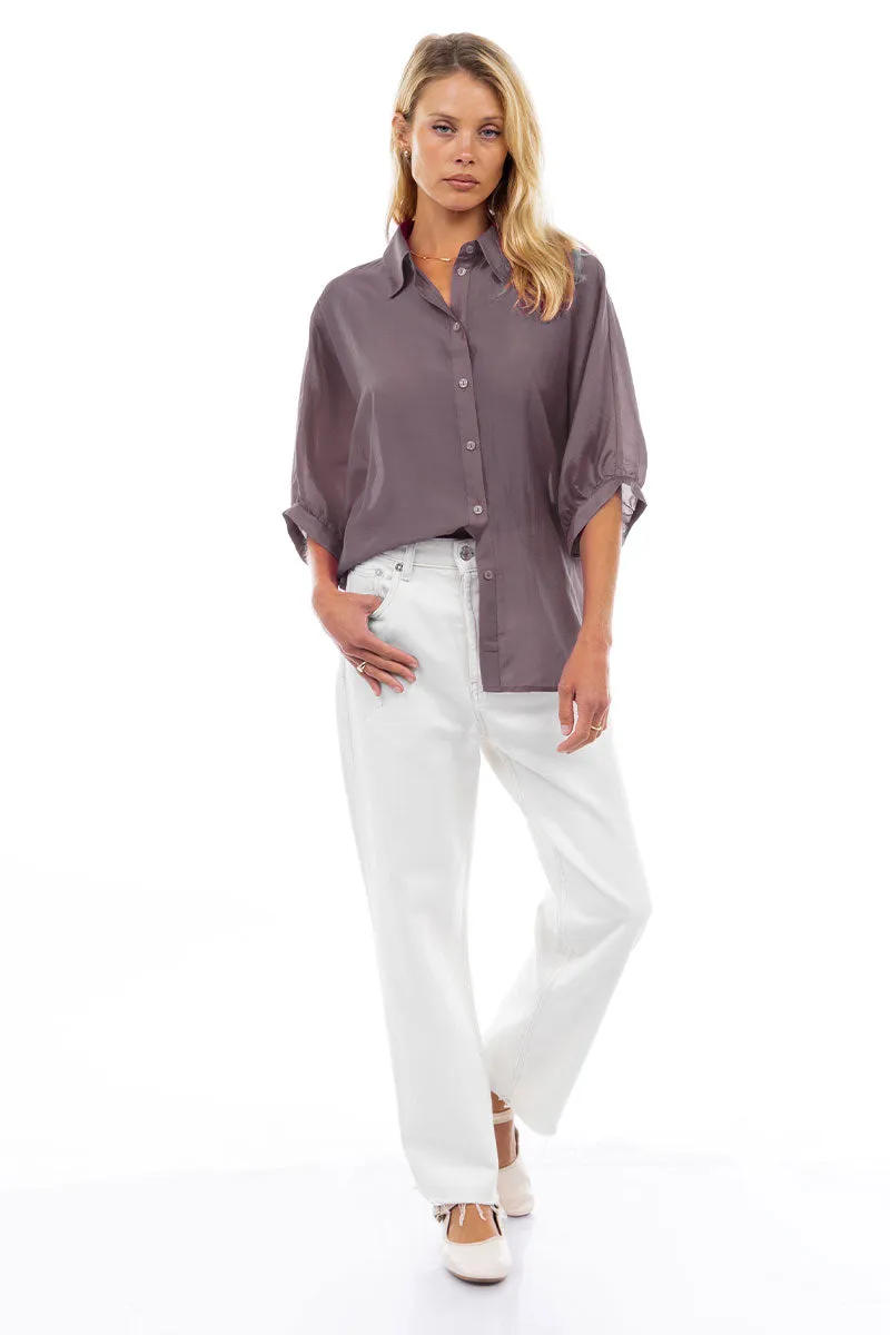Button Down Blouse with Ruched Keyhole Detail