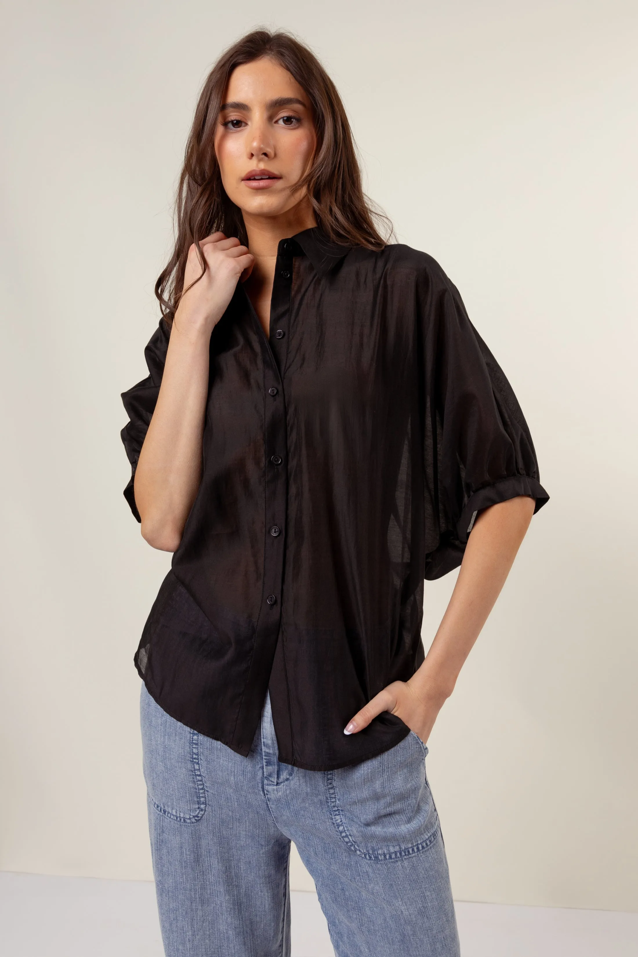 Button Down Blouse with Ruched Keyhole Detail