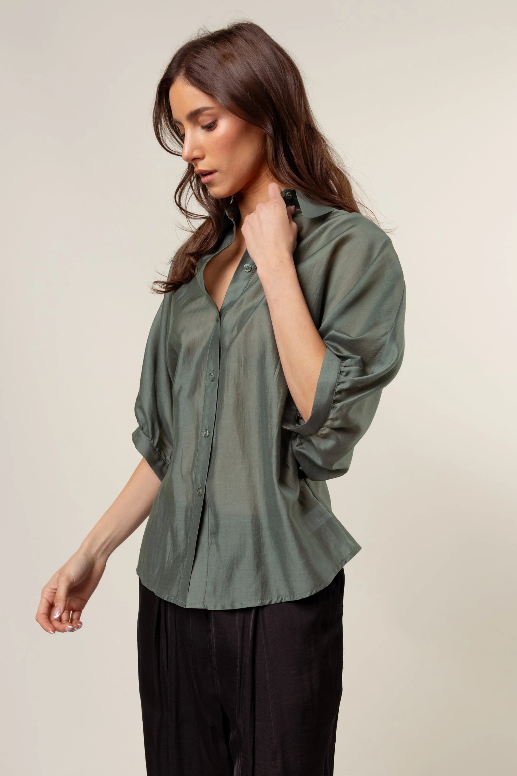 Button Down Blouse with Ruched Keyhole Detail