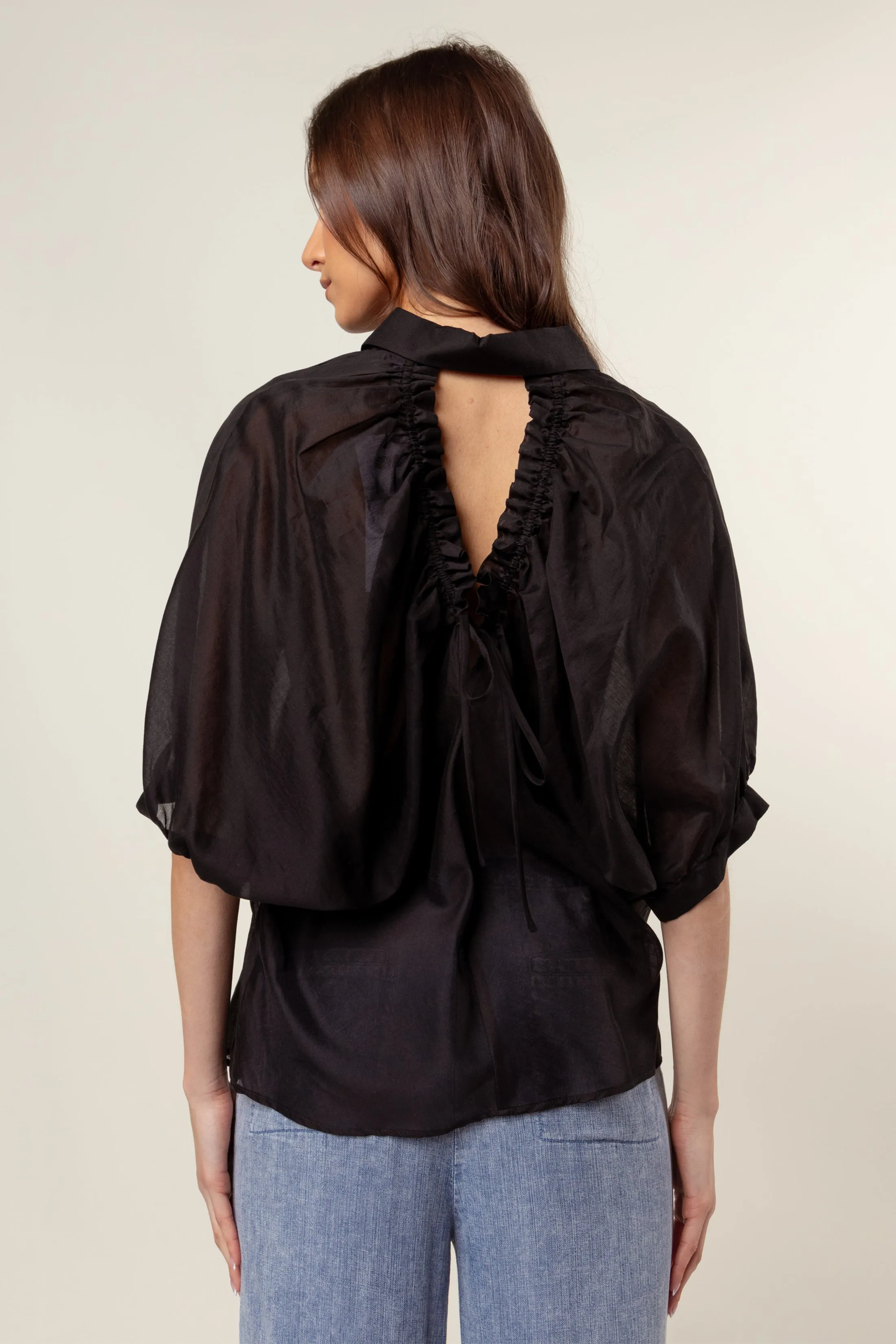 Button Down Blouse with Ruched Keyhole Detail