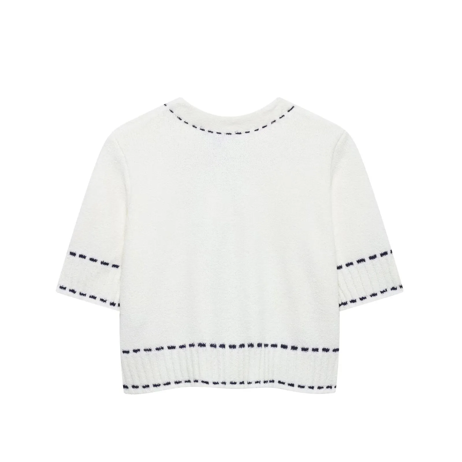Button Down Contrast Seam Jewel Neck Short Sleeve Top