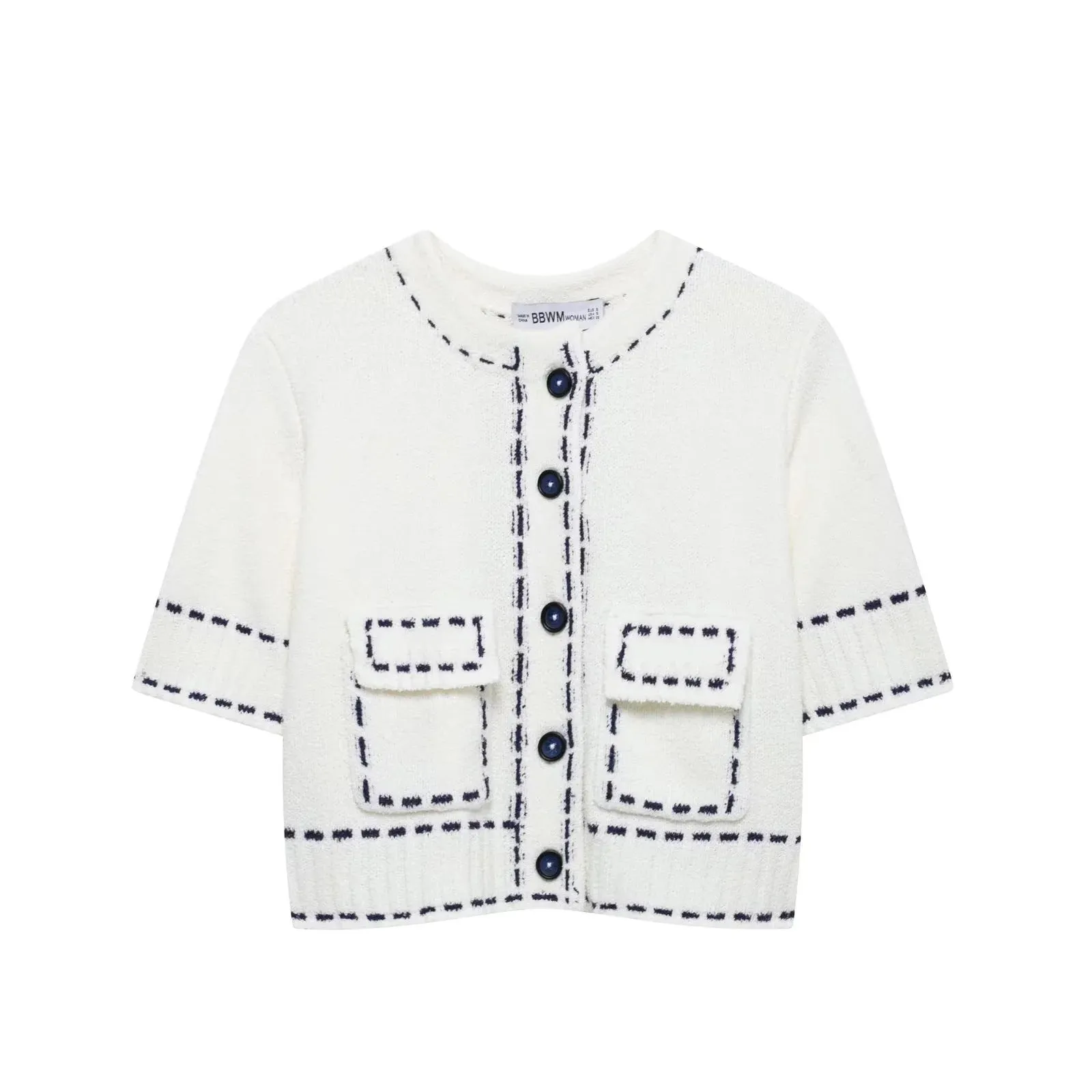 Button Down Contrast Seam Jewel Neck Short Sleeve Top