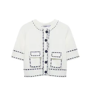 Button Down Contrast Seam Jewel Neck Short Sleeve Top