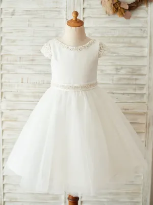 Buttons Short Sleeves Jewel Neck Ecru White Kids Party Dresses