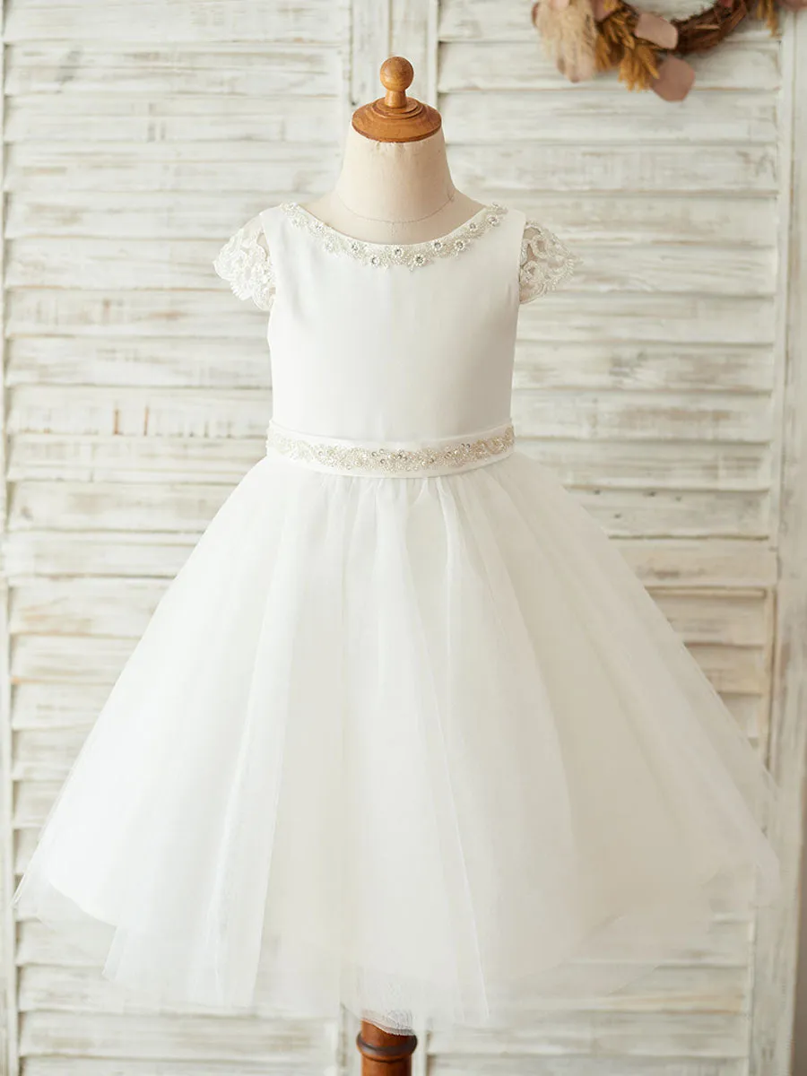 Buttons Short Sleeves Jewel Neck Ecru White Kids Party Dresses