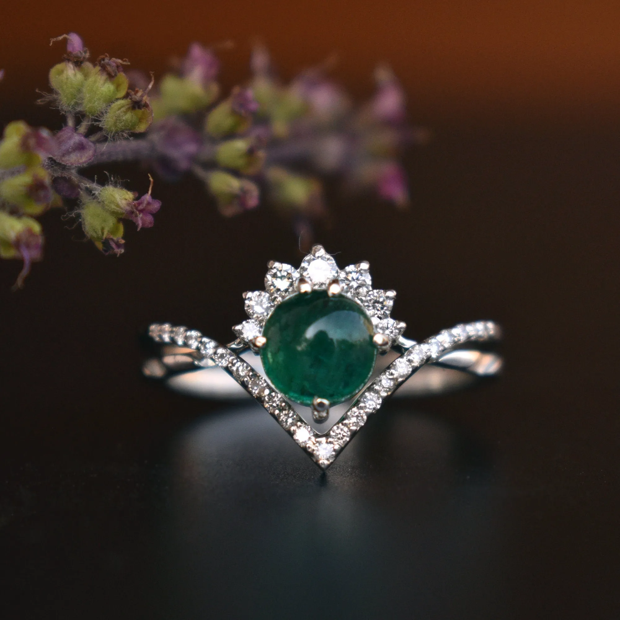 Cabochon Green Emerald CROSSOVER Ring Set