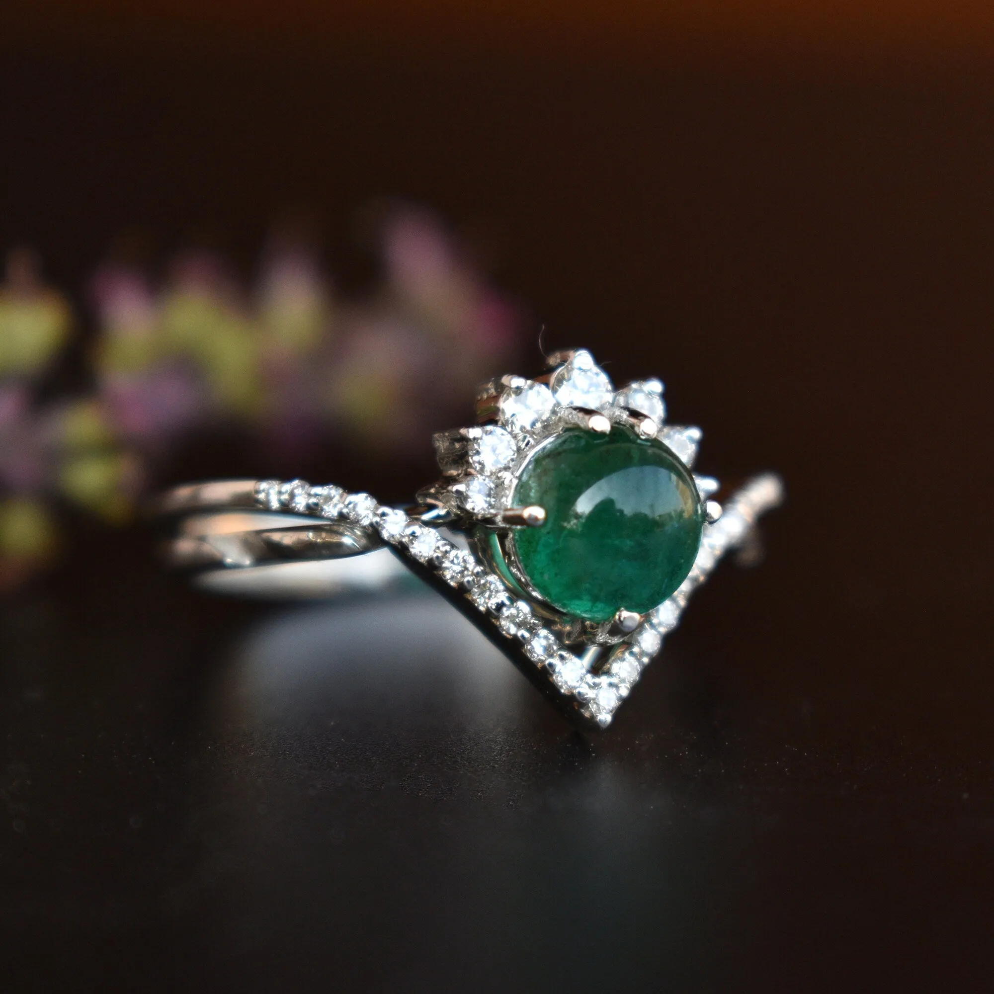Cabochon Green Emerald CROSSOVER Ring Set