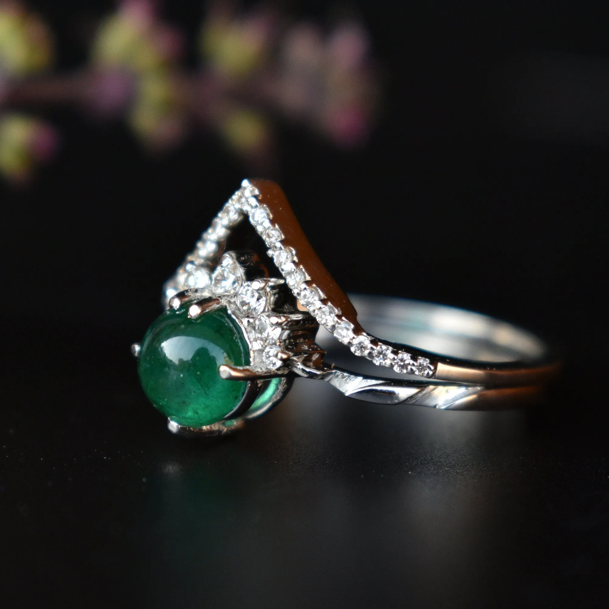 Cabochon Green Emerald CROSSOVER Ring Set