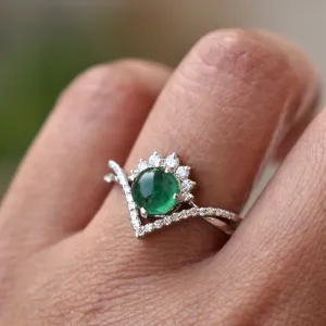 Cabochon Green Emerald CROSSOVER Ring Set