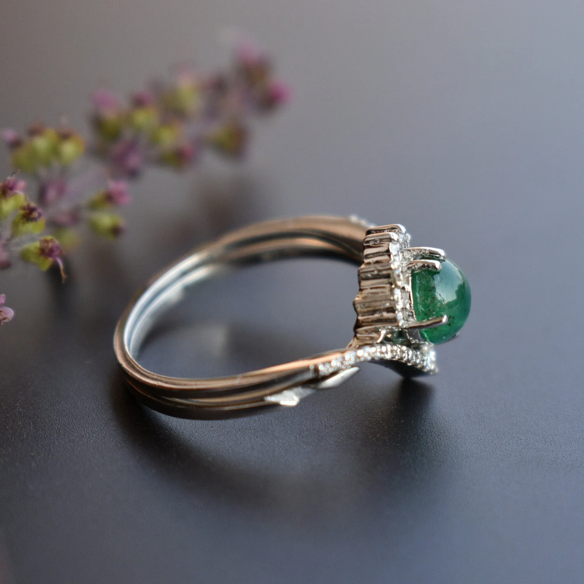 Cabochon Green Emerald CROSSOVER Ring Set