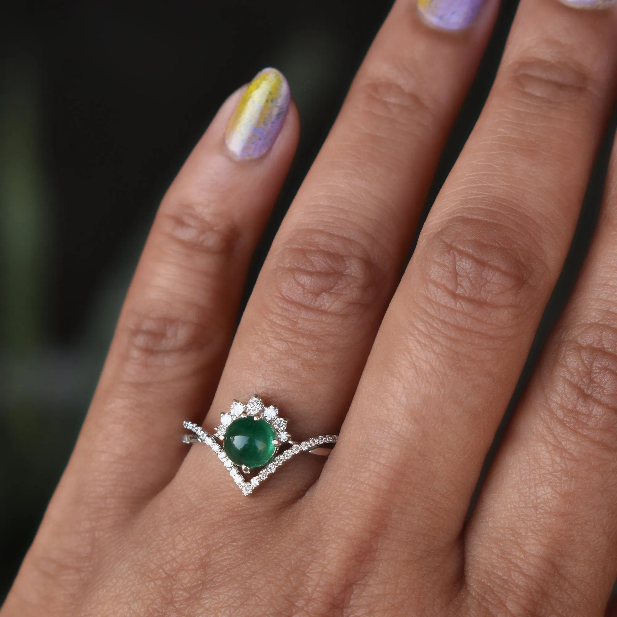 Cabochon Green Emerald CROSSOVER Ring Set