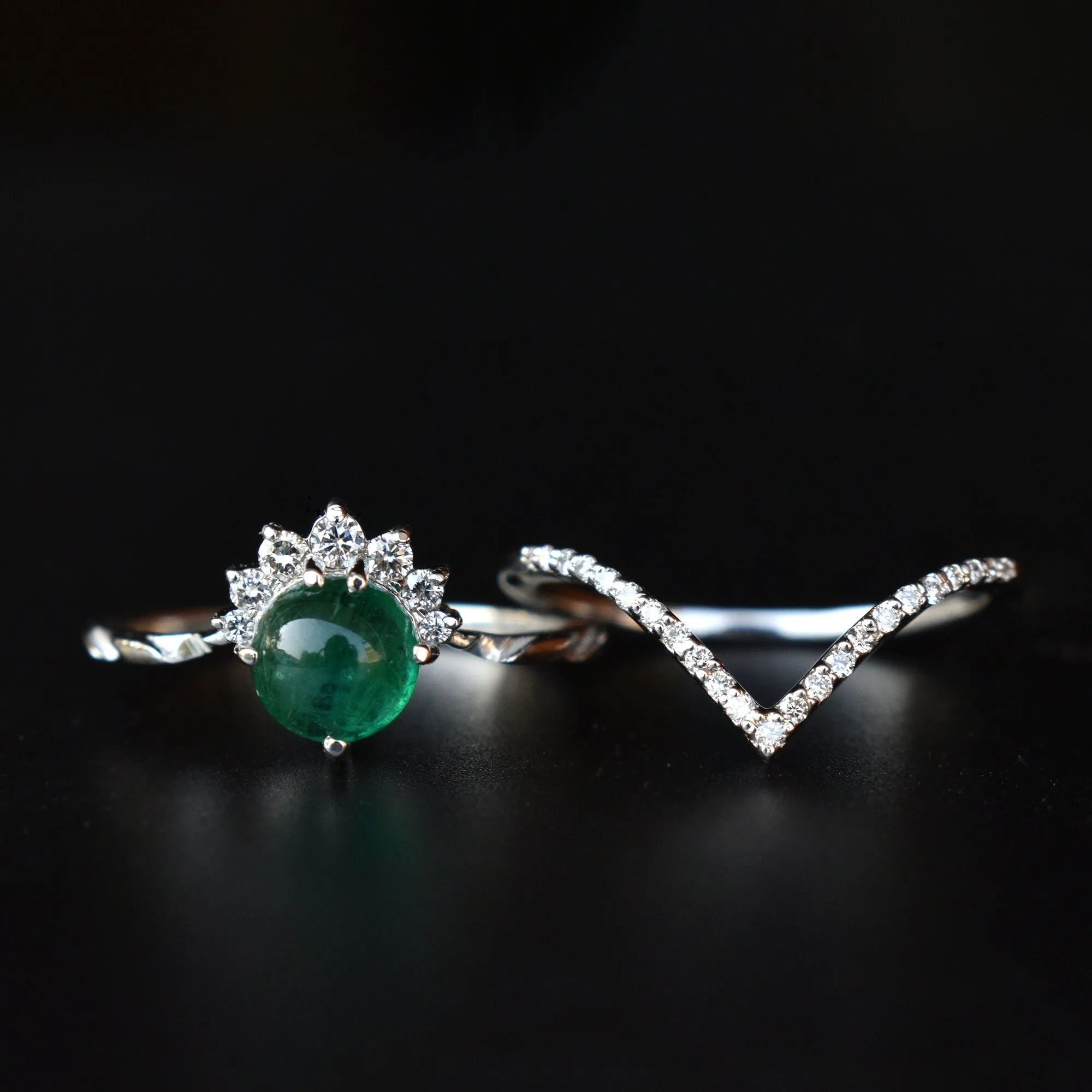 Cabochon Green Emerald CROSSOVER Ring Set